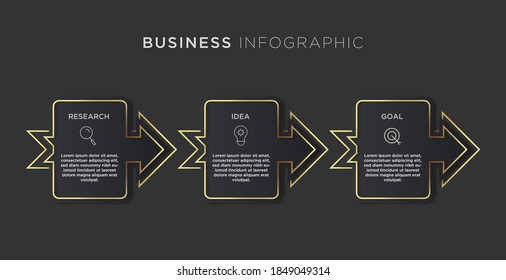 Modern elegant three options infographic. Vector illustration template with icons. 3 steps for workflow, data, business, statistic on black background
