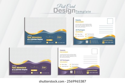 Modern and elegant travel post card design template with vector standard size multiple color, vacation design flyer template for holiday . Travel Agency Postcard Layout with mockup