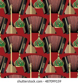 Modern elegant vector seamless pattern with decorative russian traditional musical instruments. Balalaika and accordion. Russian balalaika. Russian accordion. Russian musical instruments illustration.
