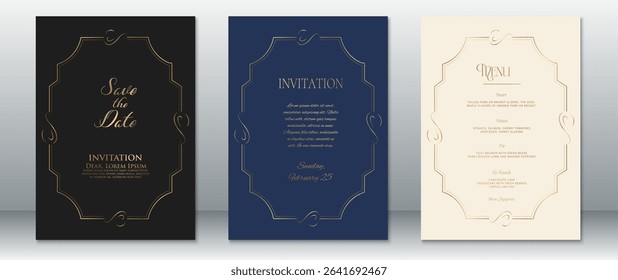 Modern and elegant wedding invitation set with a symmetrical curved gold frame on black, navy blue, and cream backgrounds. Includes Save the Date, Invitation, and Menu cards.