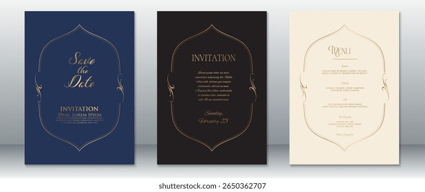 Modern elegant wedding invitation set featuring Save the Date, Invitation, and Menu cards. Decorated with thin gold frames in a pointed arch design on navy blue, dark brown, and ivory backgrounds.