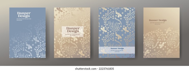 Modern elegant winter design set. Luxury fashionable background with pastel floral and branch pattern.