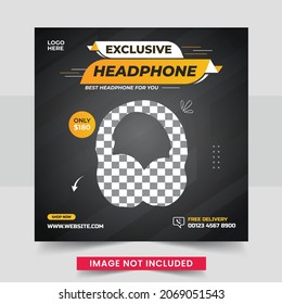 Modern and elegant wireless headphone brand product for social media post template or web banner. Headphones new arrival social media post vector template Bundle 02