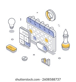 Modern elements like a calendar, calculator, light bulb, and graphs, illustrating concepts related to planning, scheduling, and productivity. Vector isometric line illustration