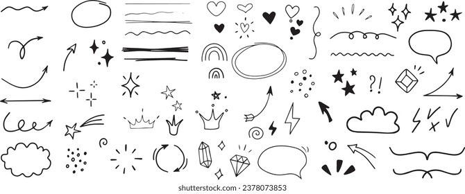 Modern elements set in black. Stars arrows, doodle line, hearts, idea icon, sparkles, diamond, tickles, decoration etc 