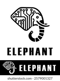 Modern elephant logo design combining animal illustration and circuit board pattern, symbolizing technology, innovation, strength, intelligence, and sustainability
