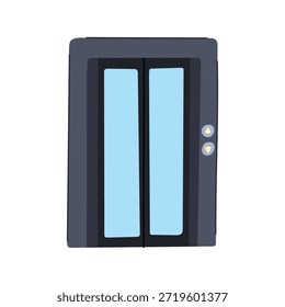 Modernas puertas de ascensor con paneles transparentes de vidrio azul claro, que indican el punto de entrada y salida para el transporte de Vertical en un edificio, con Botones de flecha hacia arriba y hacia abajo