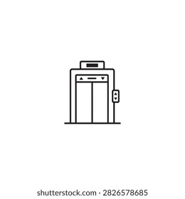 Modern elevator front view line icon with elevator transportation building navigation architecture interior vertical technology facility