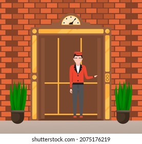 Modern elevator made in old vintage style. Door to cabin of mechanical lift with lifting mechanism. Doorman standing inside retro lift. Elevator with doors and floor counter vector illustration