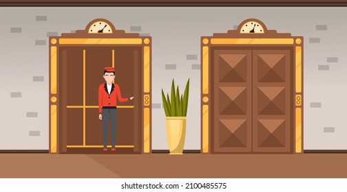 Modern elevator made in old vintage style. Door to cabin of mechanical lift with lifting mechanism. Doorman standing inside retro lift. Elevator with doors and floor counter vector illustration