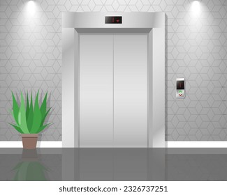 Modern elevator metallic cabin doors Elevator doors, close lift cabin entrance with chrome metal buttons panel vector