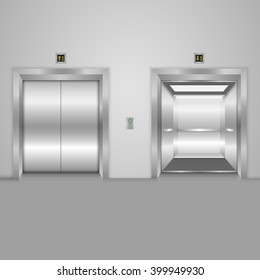 Modern elevator with open and closed metal doors. Vector illustration