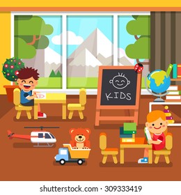 Modern elite kindergarten playroom with great mountains view in the window. Kids sitting and playing in the classroom. Flat style cartoon vector illustration with isolated objects.