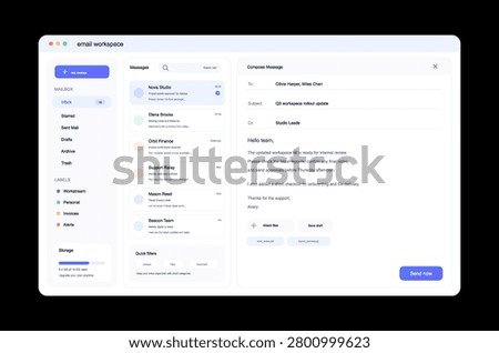 Modern Email Workspace Interface Illustration. Clean vector email dashboard showing inbox, message list, compose window, file attachments, filters, labels. UI, UX, Kit for app or website. Vector panel