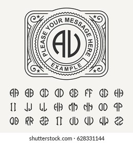 Modern emblem, badge, template. Luxury elegant frame ornament line logo design vector illustration. And set to create monograms of two letters in scribed in a circle.