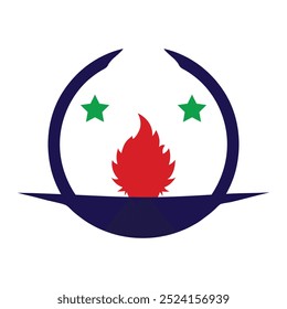 Emblema Moderno com Chama e Estrelas Fechadas em Crescente, Ilustração de Logotipo Vetorial

