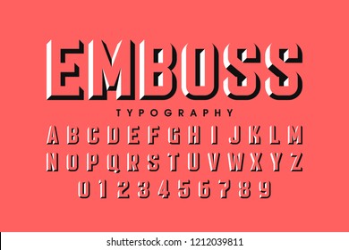 Modern embossed font design, alphabet letters and numbers vector illustration
