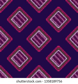 Modern embroidery carpet geometric shape seamless pattern. Tile shapes backdrop. Hand drawn vector illustration. Patchwork ornament. 