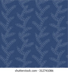 Modern embroidery with white thread on a dark blue jeans background. Seamless pattern with embroidered rising branches.
