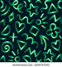 Moderne smaragdgroene gradiënt abstracte achtergrond. Gloeiende kleurrijke basisvormen set: ster, pijl, driehoek, cirkel, hart, zigzag, spiraal, golvende lijnen. Trendy Memphis geometrisch patroon, retro 80s, 90s