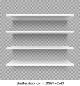 Modern empty 3d bookshelf. Retail shop, storage shelf on wall. White plywood shelves with realistic shadow vector set