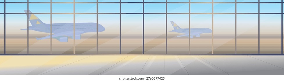 Modern empty airport terminal interior with panoramic windows and airplane view. Clean spacious background with soft light and reflections, ideal for travel, aviation and business design, banner or copy space.