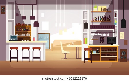 Modern empty bar or coffee shop vector flat interior. Restaurant and coffee shop, cafe indoor room illustration