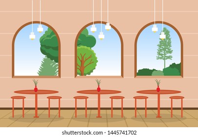 Modern Empty Cafe Restaurant Interior Furniture Flat Vector Illustration