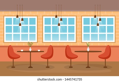 Modern Empty Cafe Restaurant Interior Furniture Flat Vector Illustration