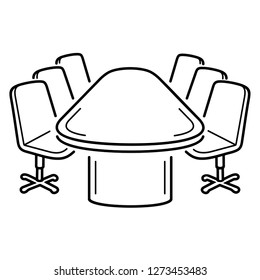 Modern Empty Conference Room. Office Meeting Table With Chairs. Vector Flat Outline Icon Illustration Isolated On White Background.