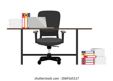 Moderno escritorio vacío para freelancer de oficina en casa con cajón de mesa de silla y con computadora pc y con algunas carpetas de archivos de montón de papel aisladas