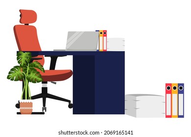 Modern empty desk for home office freelancer with chair table drawer and with pc computer and with house plants with some paper pile file folders