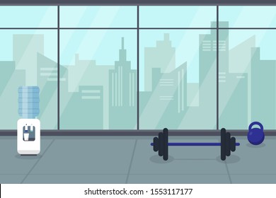 Modern empty gym or fitness room  with big panoramic  window and city view.  Interior concept vector illustration.
