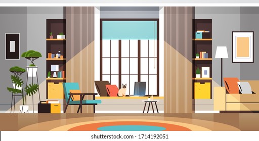 Modern Empty Living Room Interior No People Apartment With Furniture Horizontal Vector Illustration