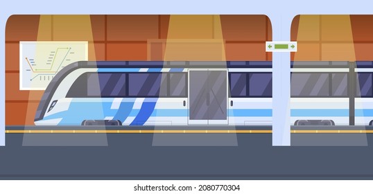 Modern empty metro station interior design vector flat cartoon illustration. Subway train platform underground with map and arrows direction. Contemporary metropolitan, railroad urban public transport