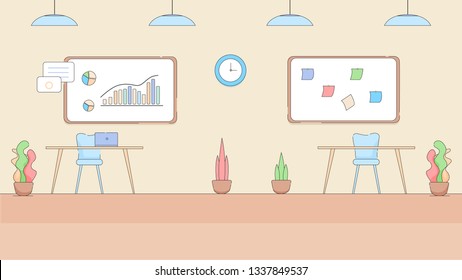 Modern Empty Office Interior in Hi-Tech Style with Large Boards with Charts and Graphs on Wall. Furniture, Plants, Lamps, Computers. No People at Working Place. Cartoon Linear Flat Vector Illustration