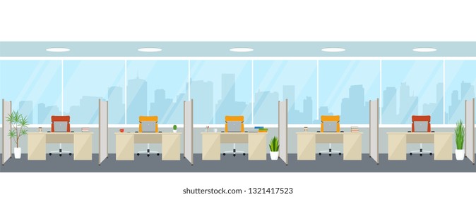 Modern empty office interior with workplaces. Office space with panoramic windows.