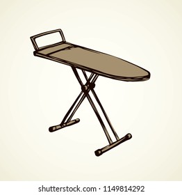 Modern empty table for garment ironing on white backdrop. Freehand outline black ink hand drawn collapsible object logo emblem in art retro scribble style pen on paper space for text. Isometric view