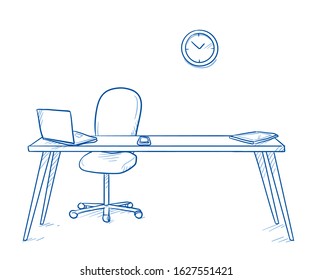 Modern, empty workspace desk with chair, laptop,  mobile phone and tablet. Concept for modern office, hiring or vacant position. Hand drawn line art cartoon vector illustration