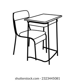 Moderner, leerer Schreibtisch mit Stuhl, Laptop, Handy und Tablet. Konzept für moderne Büro-, Miet- oder freie Stellen. Handgezeichnete Kunstkarikatur, Vektorgrafik