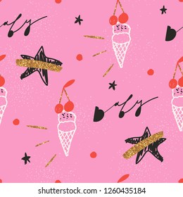 Modern endless repeating fashion pattern design. Girly cool pattern design with ice cream illustration. Fashionable template for design