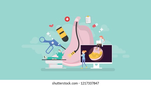 Modern Endoscopy Healthcare Technology Tiny People Character Concept Vector Illustration, Suitable For Wallpaper, Banner, Background, Card, Book Illustration, And Web Landing Page