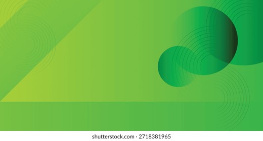 Un fondo abstracto moderno y enérgico con un gradiente de tonos verdes, de cal a esmeralda profunda, con Formas geométricas superpuestas y dos círculos prominentes que crean una sensación de profundidad y movimiento.