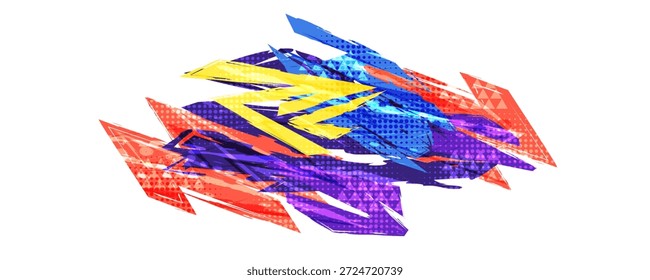 Fondo moderno y enérgico con pinceladas afiladas de colores y patrones de semitonos. Diseño de fondo de Anuncio deportivo o póster
