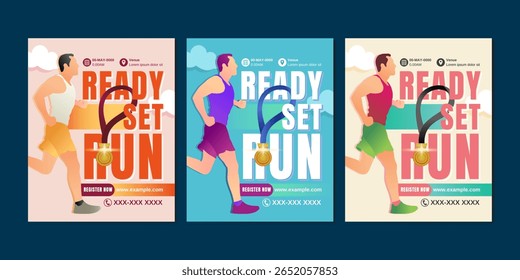 Modelos modernos e energéticos de mídias sociais que promovem eventos ou maratonas de corrida. Inclui tipografia em negrito, ilustração do corredor e texto explicativo de registro.