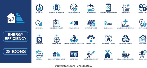 Modern energy efficiency and smart home icon set designed for sustainable living, renewable energy, and green technology projects. Includes smart meter, eco mode, insulation, battery storage, solar panel integration, carbon footprint reduction, EV charging, energy audit, smart grid, and cost saving icons in a clean solid vector style. Perfect for websites, mobile apps, dashboards, presentations, and environmental awareness designs.