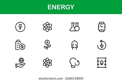 Paquete de iconos de energía moderna con estilo de línea de Vector mínimo que incluye símbolos solares, eólicos, eléctricos y ecológicos