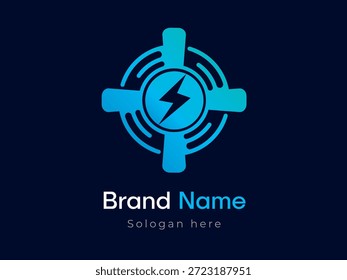 Diseño moderno del logotipo de energía con un símbolo del rayo dentro de una forma geométrica circular. Icono limpio y potente que representa la electricidad, la energía, las energías renovables, la tecnología, la innovación y las soluciones de carga. Paleta de colores degradados azules con estilo futurista. Ilustración vectorial aislada en fondo oscuro, conveniente para las startups de la tecnología, las compañías eléctricas, los vehículos eléctricos, los App, y la marca digital.