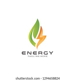 Modern Energy Logo, Leaf and Thunder Lightning Vector Icon