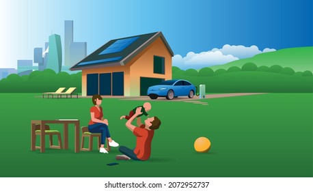 
Modern energy saving house, happy young family in the garden on sunny day, passive house with solar panels and electric car connected to the charger, renewable energy for future home environment